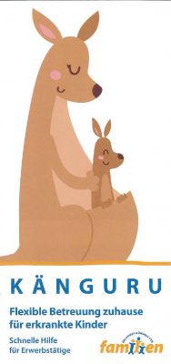 Illustration eines Kängurus mit Baby im Beutel als Symbol für Betreuung erkrankter Kinder zuhause
